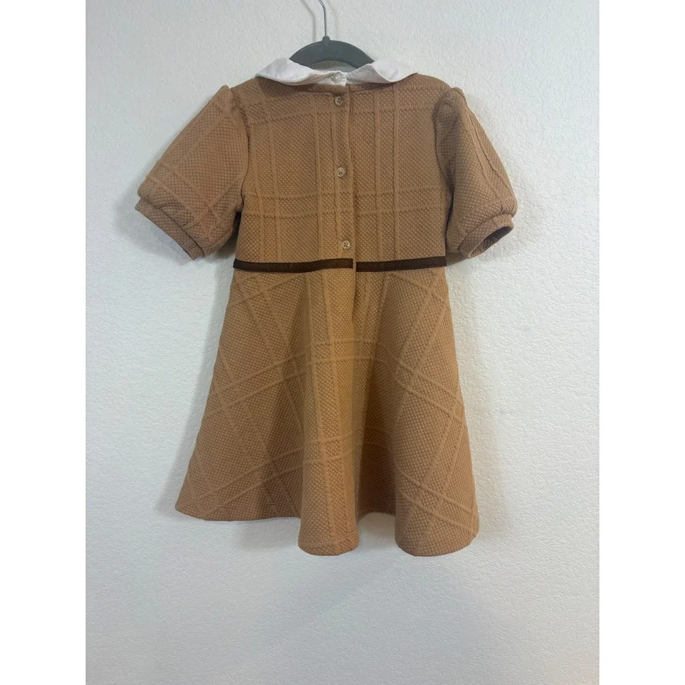 Janie and Jack Quilted Dress Kids Size 3t Brown Peter Pan Collar Belted Preppy